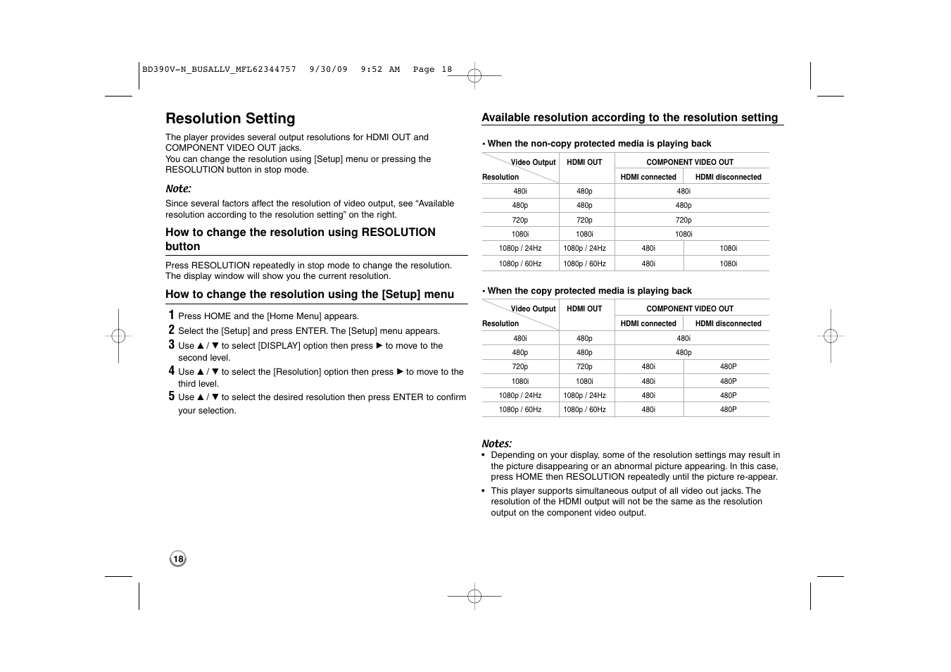 Resolution setting | LG BD390 User Manual | Page 18 / 76