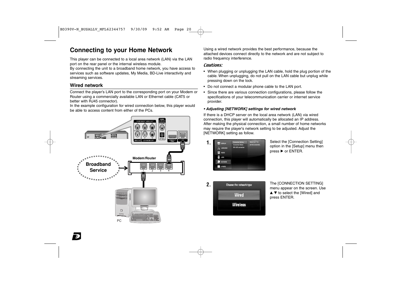 Connecting to your home network | LG BD390 User Manual | Page 20 / 76