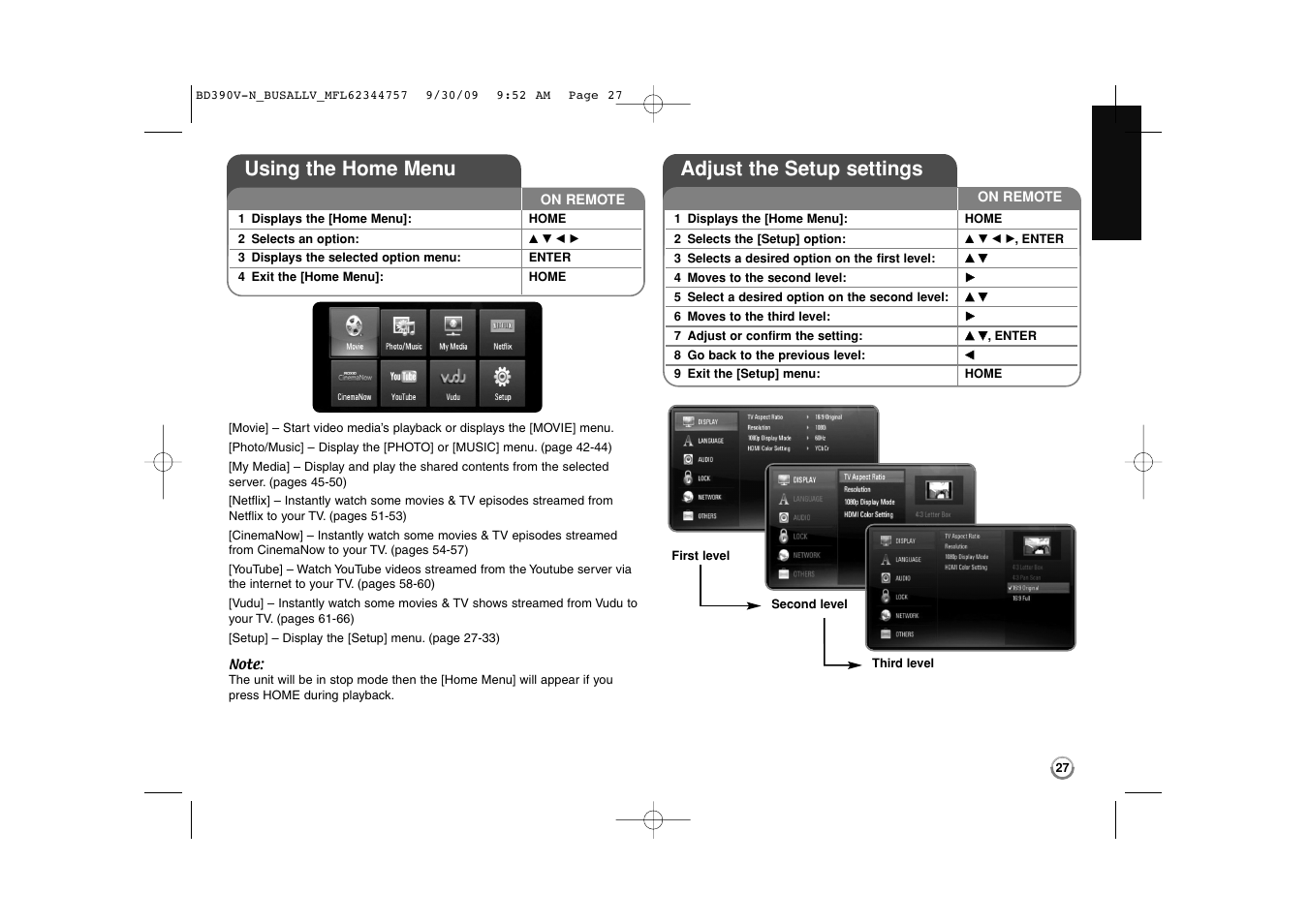 Using the home menu, Adjust the setup settings | LG BD390 User Manual | Page 27 / 76