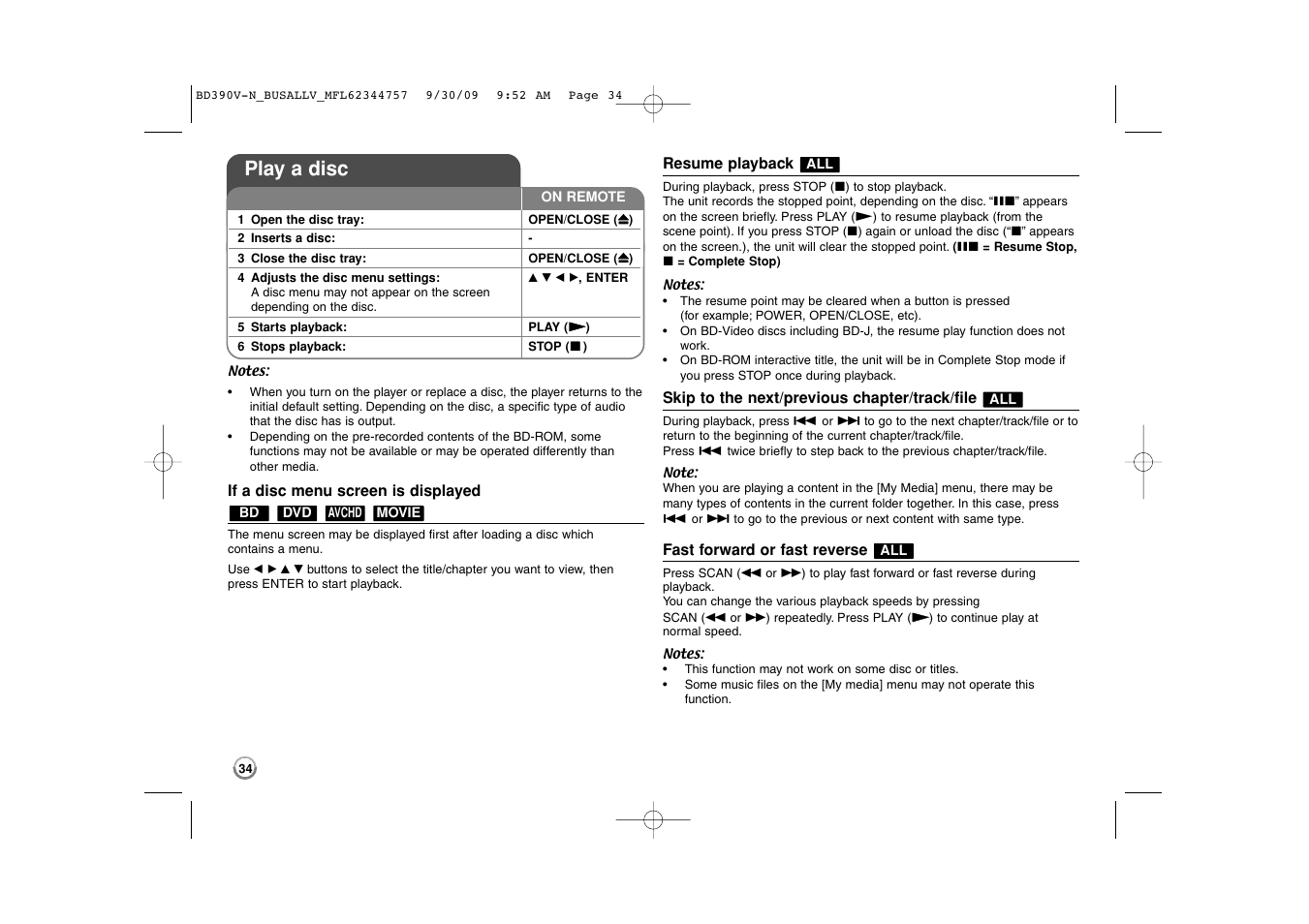 Play a disc | LG BD390 User Manual | Page 34 / 76