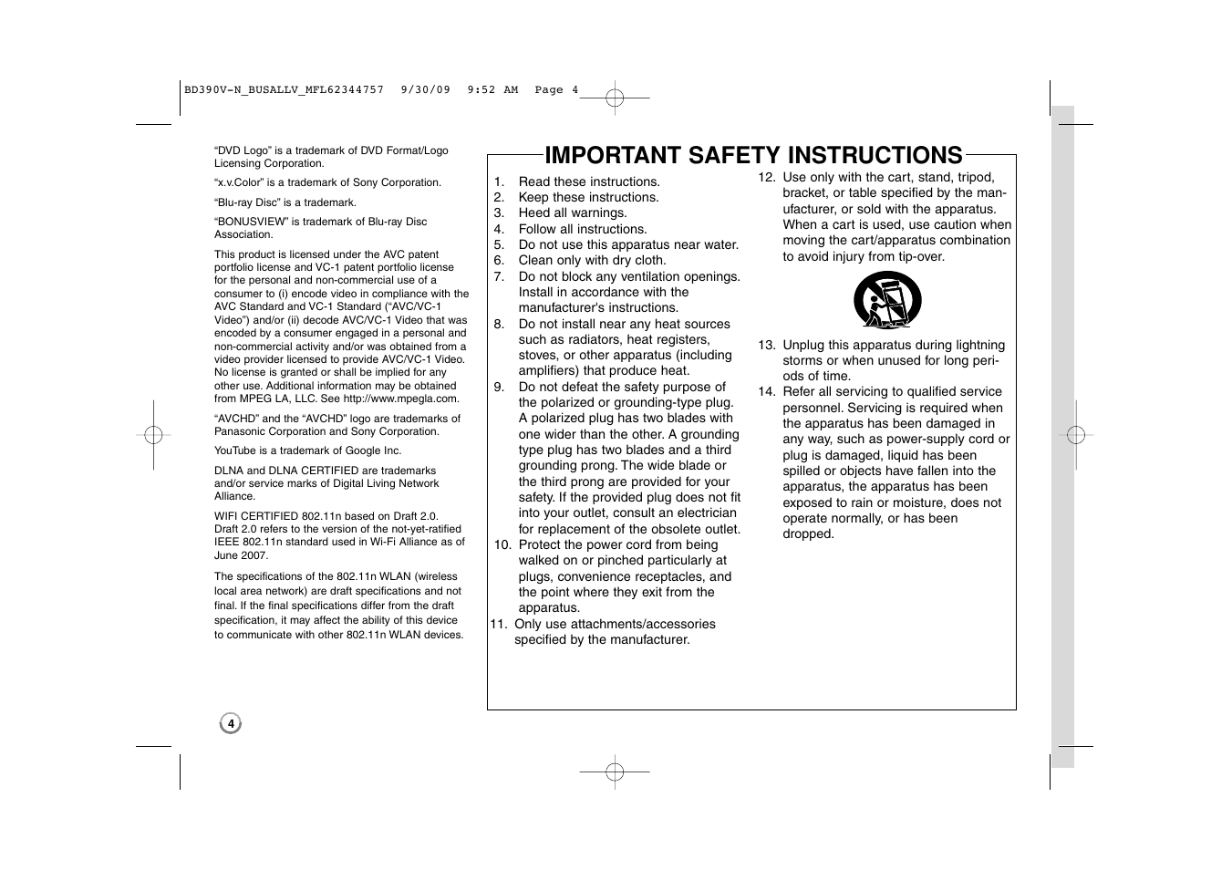 Important safety instructions | LG BD390 User Manual | Page 4 / 76