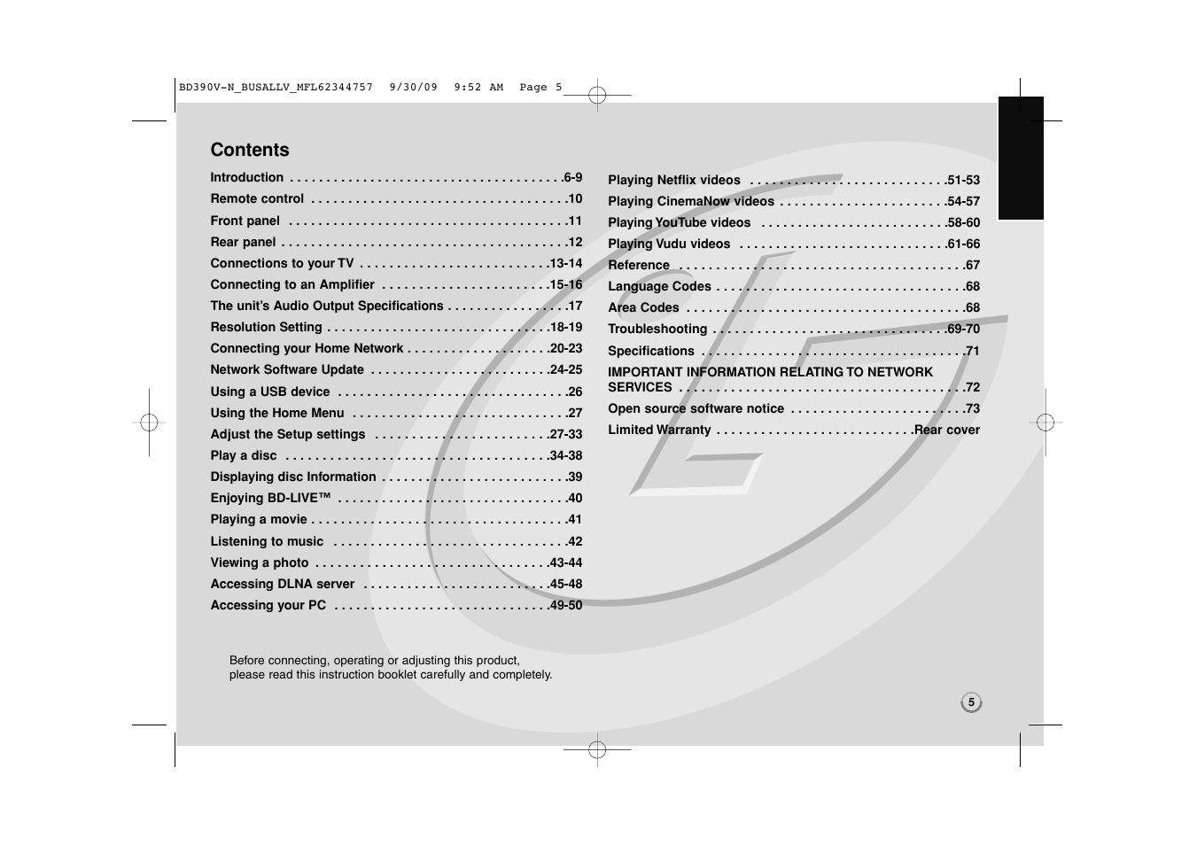 LG BD390 User Manual | Page 5 / 76