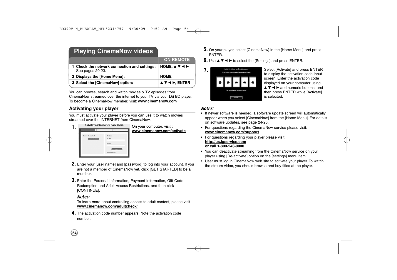 Playing cinemanow videos | LG BD390 User Manual | Page 54 / 76