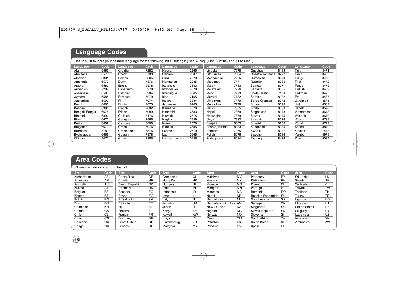 Language codes, Area codes | LG BD390 User Manual | Page 68 / 76