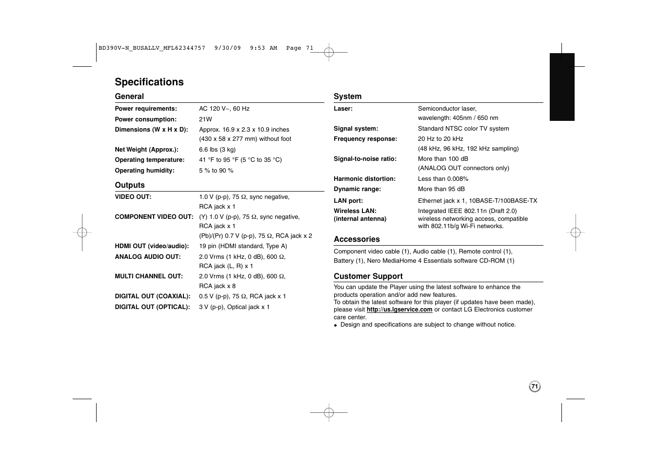 Specifications | LG BD390 User Manual | Page 71 / 76