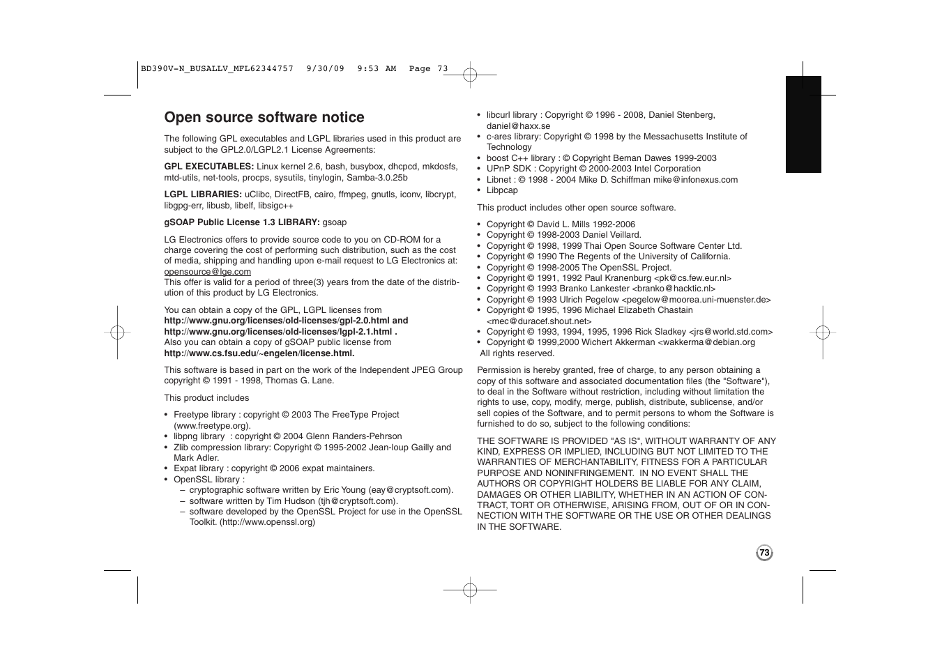 Open source software notice | LG BD390 User Manual | Page 73 / 76