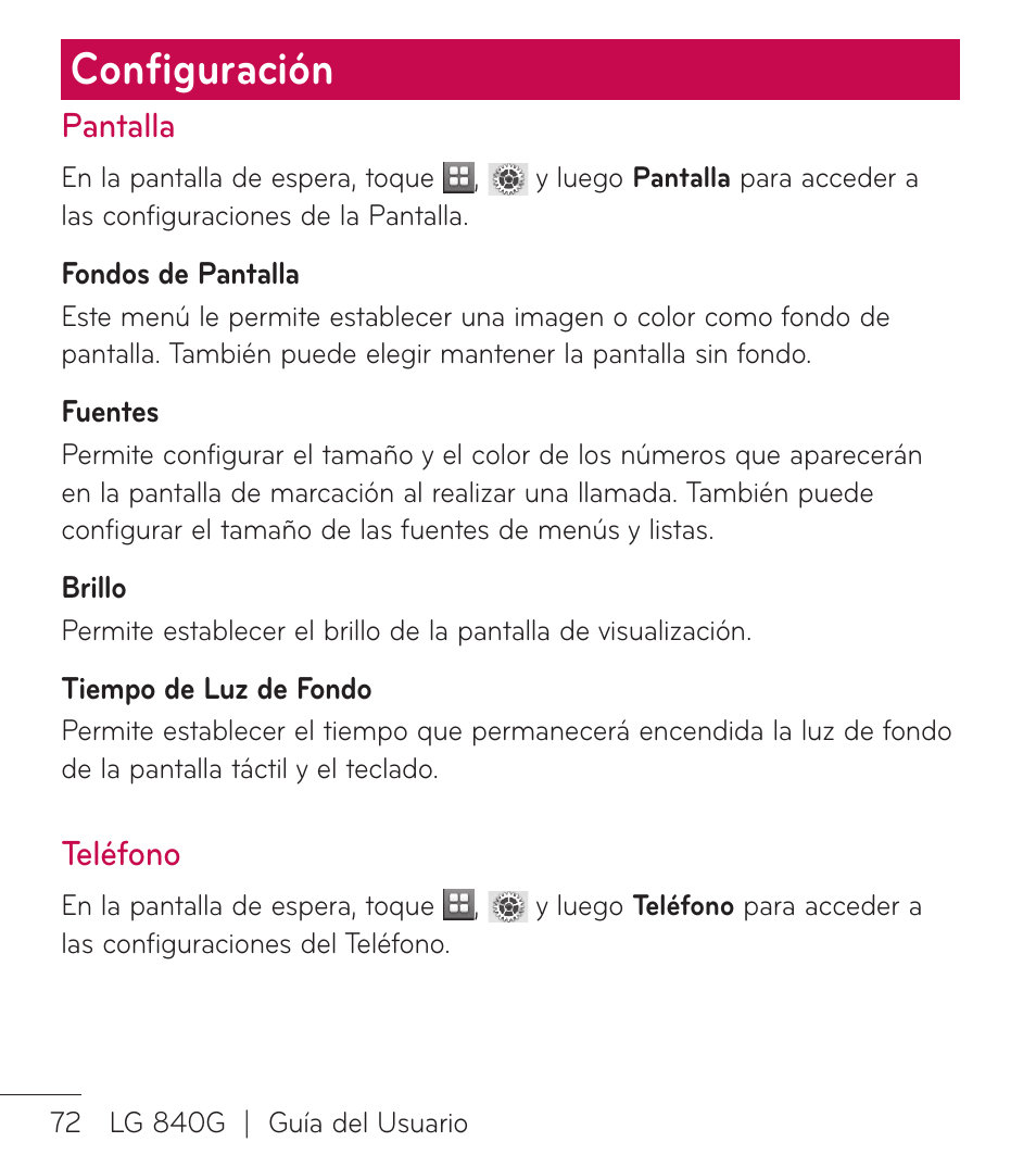 Configuración, Pantalla, Teléfono | Conﬁguración | LG LG840G User Manual | Page 158 / 170