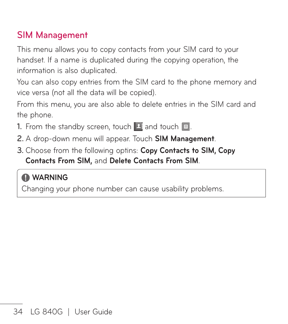 Sim management, 5jq$bmdvmbu | LG LG840G User Manual | Page 36 / 170