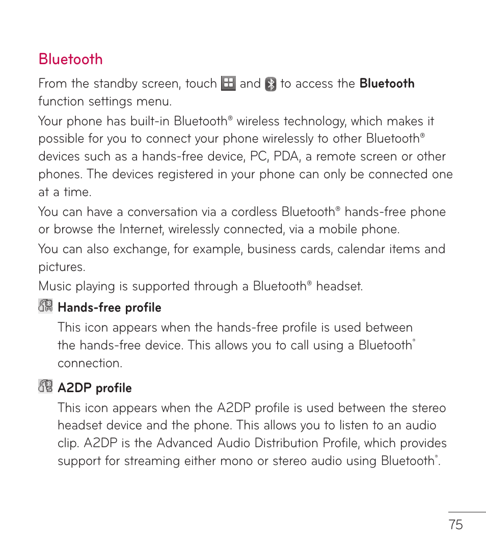 Bluetooth, Call | LG LG840G User Manual | Page 77 / 170