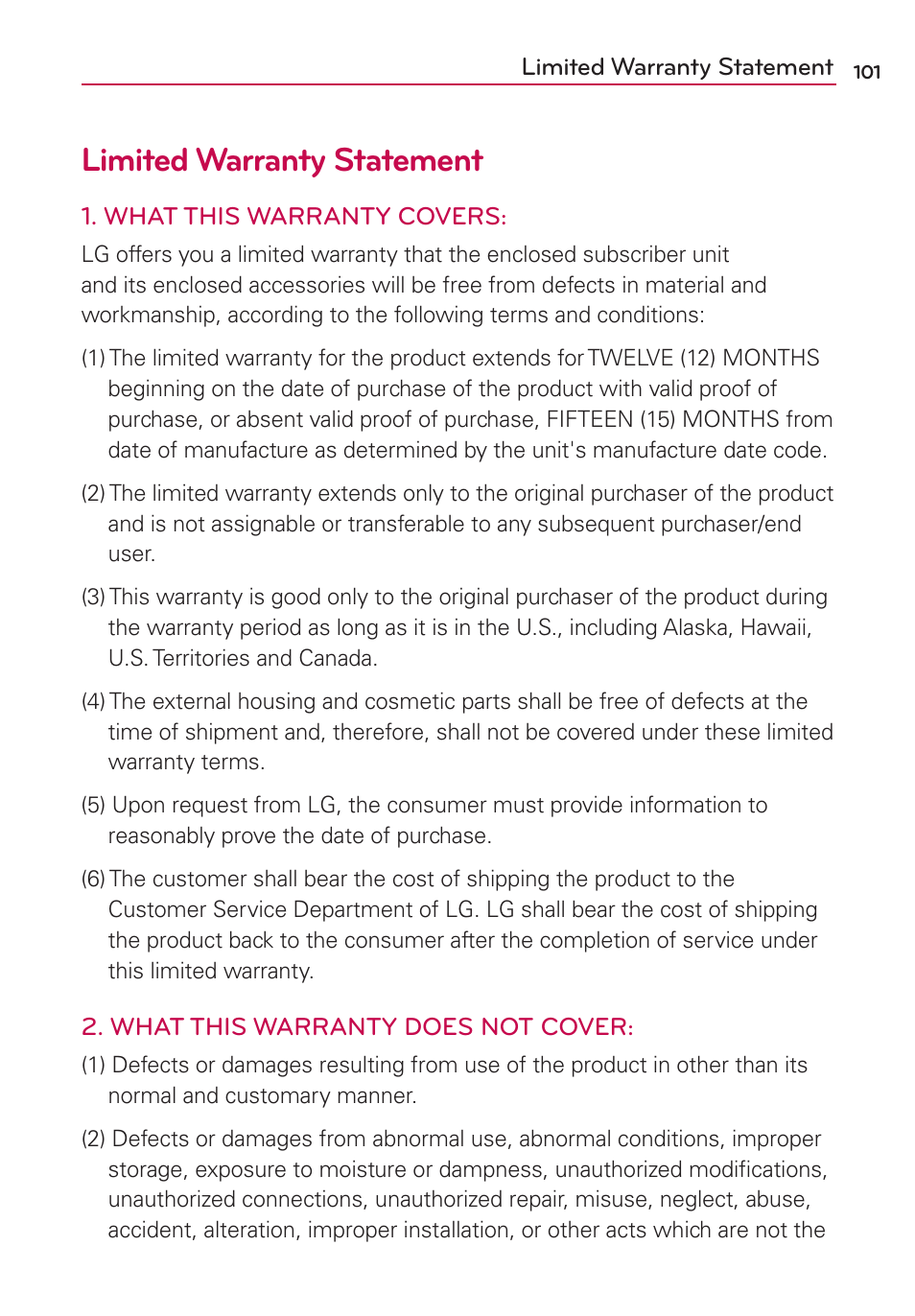 Limited warranty statement | LG LS860 User Manual | Page 101 / 105