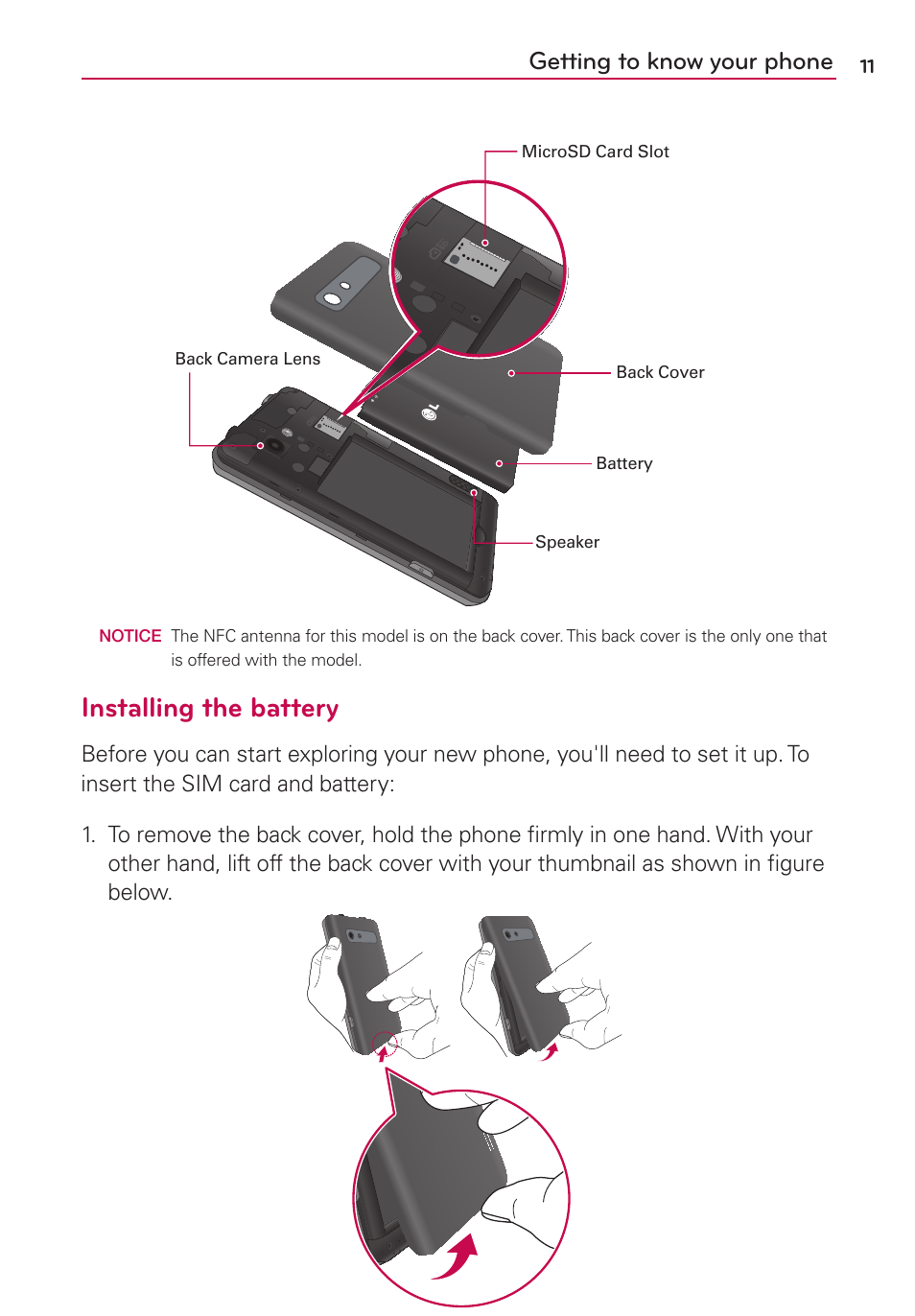 Installing the battery, Getting to know your phone | LG LS860 User Manual | Page 11 / 105