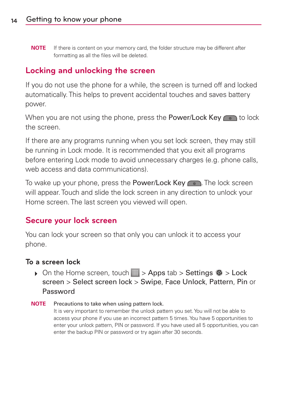 Locking and unlocking the screen, Secure your lock screen | LG LS860 User Manual | Page 14 / 105