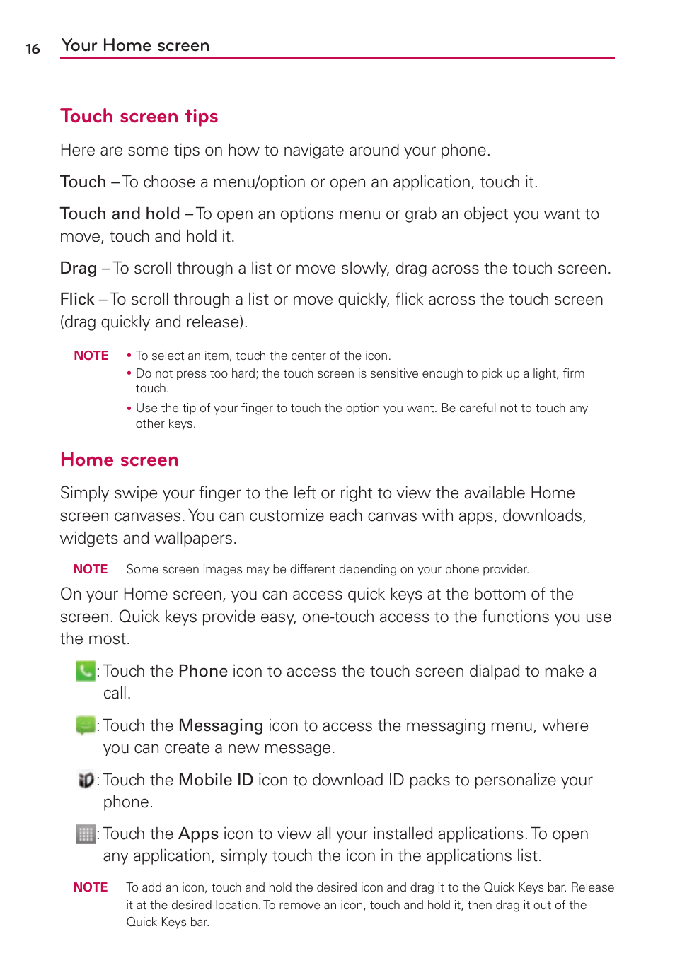 Your home screen, Touch screen tips, Home screen | LG LS860 User Manual | Page 16 / 105