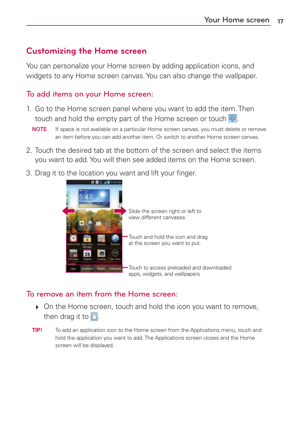 Customizing the home screen, Your home screen | LG LS860 User Manual | Page 17 / 105