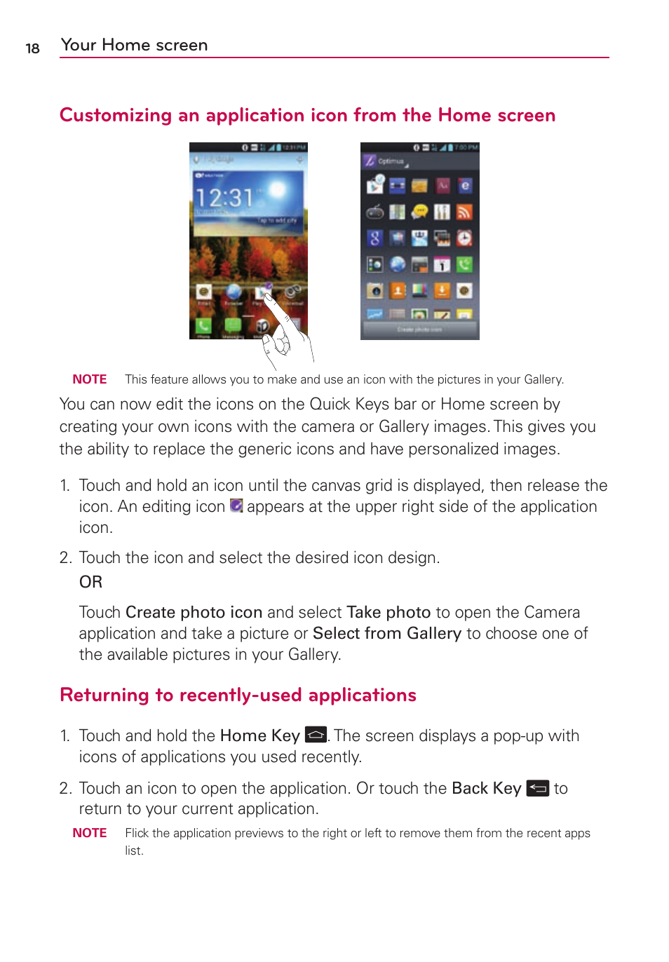 Returning to recently-used applications, Your home screen | LG LS860 User Manual | Page 18 / 105