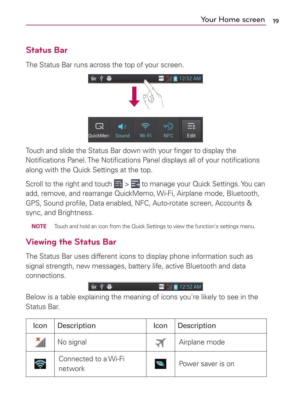 Status bar, Viewing the status bar | LG LS860 User Manual | Page 19 / 105