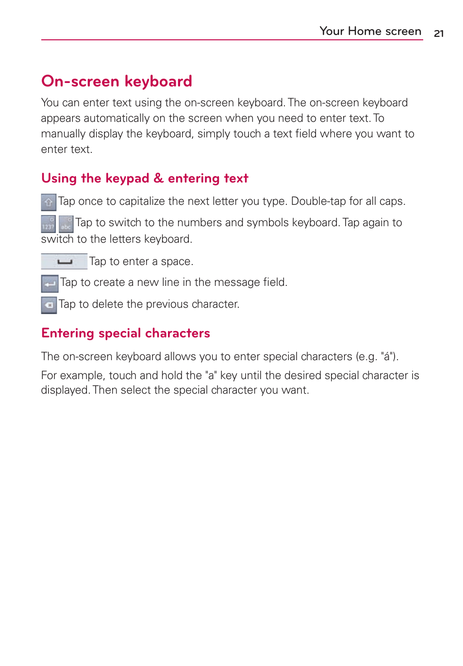 On-screen keyboard, Using the keypad & entering text, Entering special characters | LG LS860 User Manual | Page 21 / 105