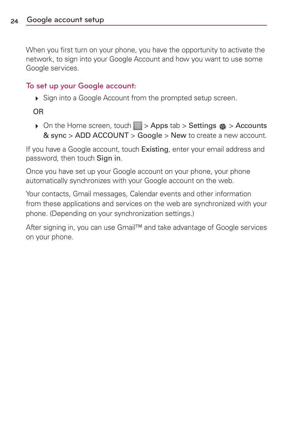 Google account setup | LG LS860 User Manual | Page 24 / 105