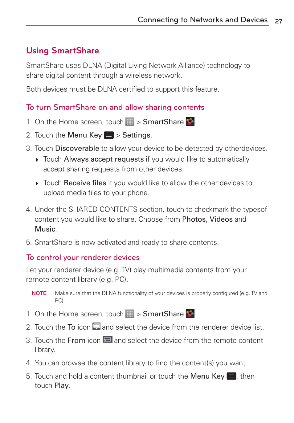 Using smartshare | LG LS860 User Manual | Page 27 / 105