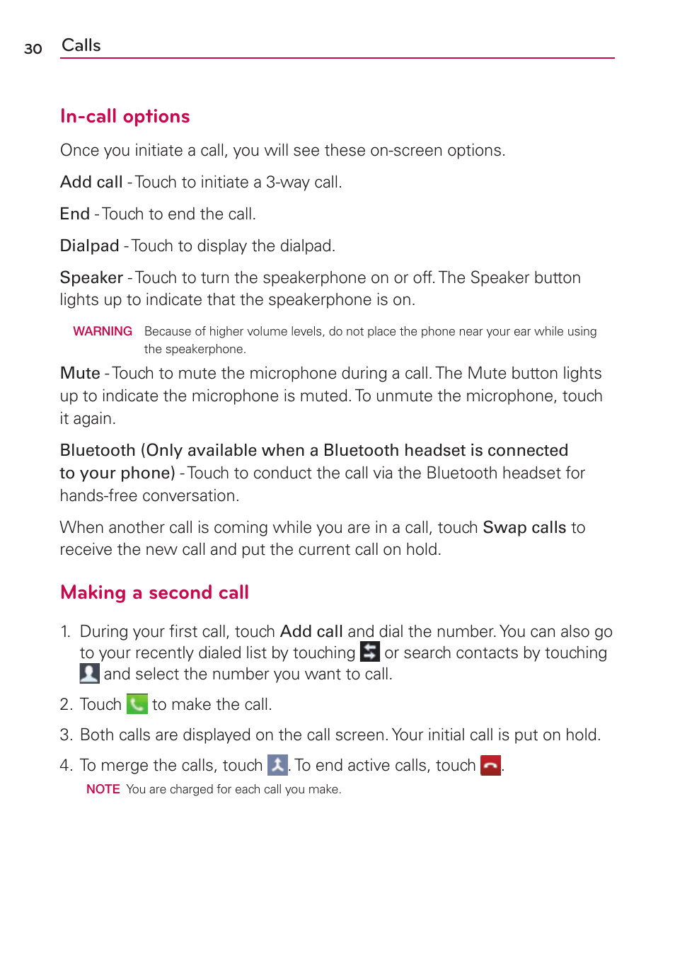 In-call options, Making a second call, Calls | LG LS860 User Manual | Page 30 / 105