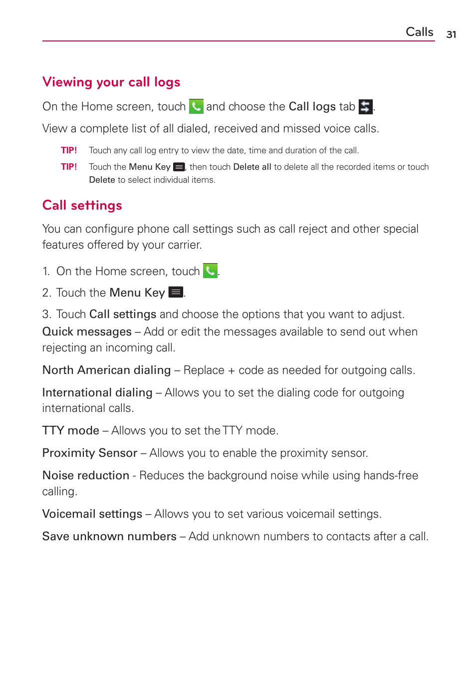 Viewing your call logs, Call settings, Calls | LG LS860 User Manual | Page 31 / 105