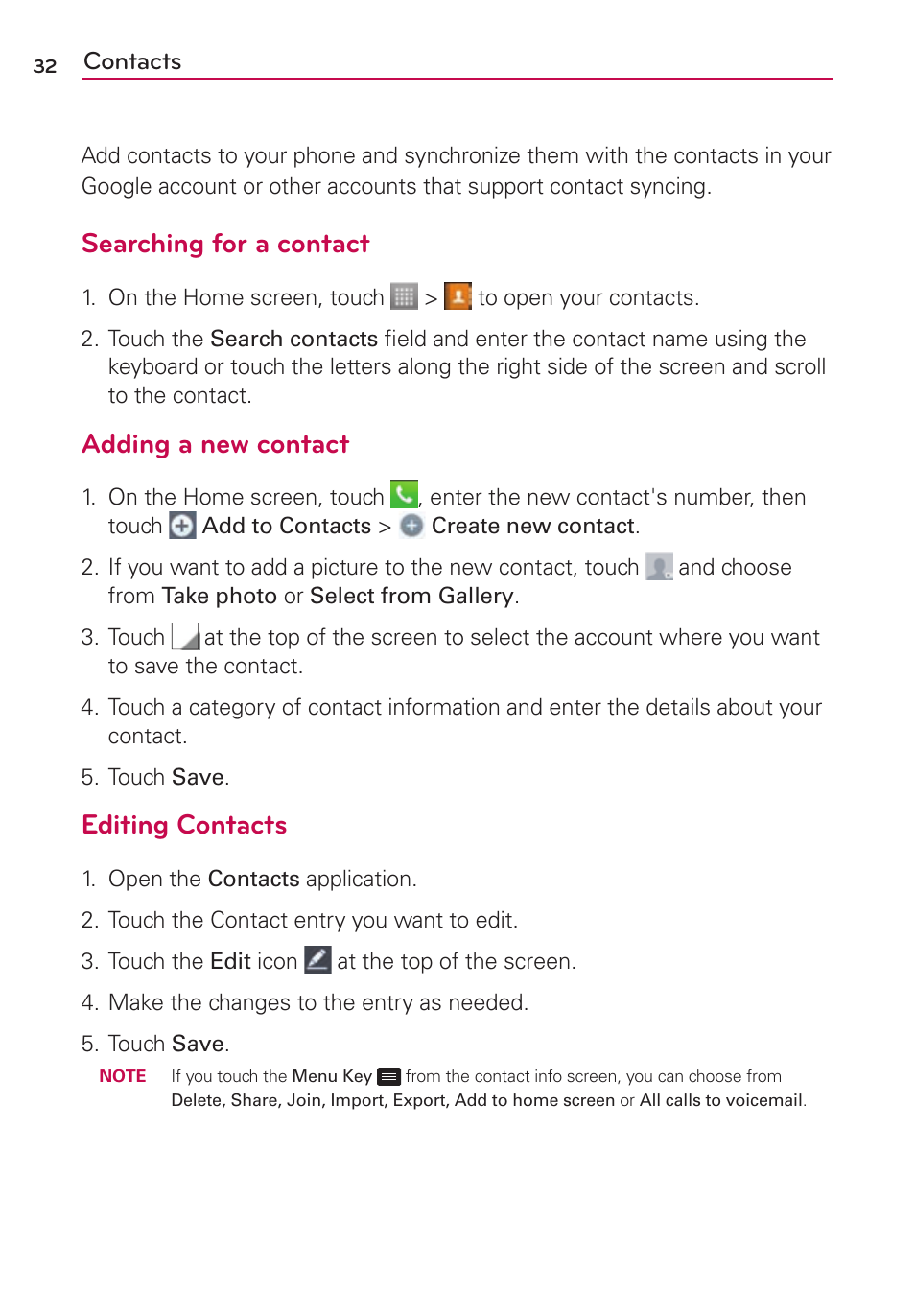 Contacts, Searching for a contact, Adding a new contact | Editing contacts | LG LS860 User Manual | Page 32 / 105