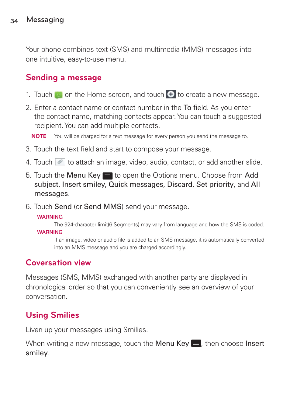 Messaging, Sending a message, Coversation view | Using smilies | LG LS860 User Manual | Page 34 / 105