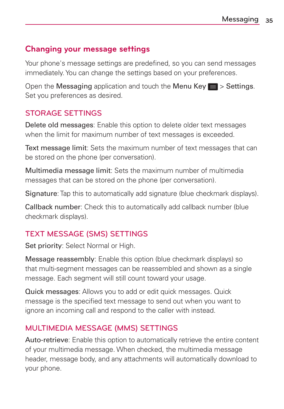 Changing your message settings | LG LS860 User Manual | Page 35 / 105