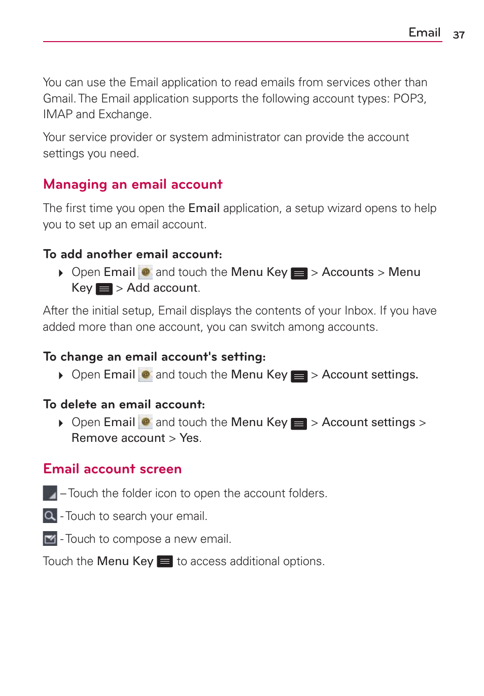 Email, Managing an email account, Email account screen | LG LS860 User Manual | Page 37 / 105