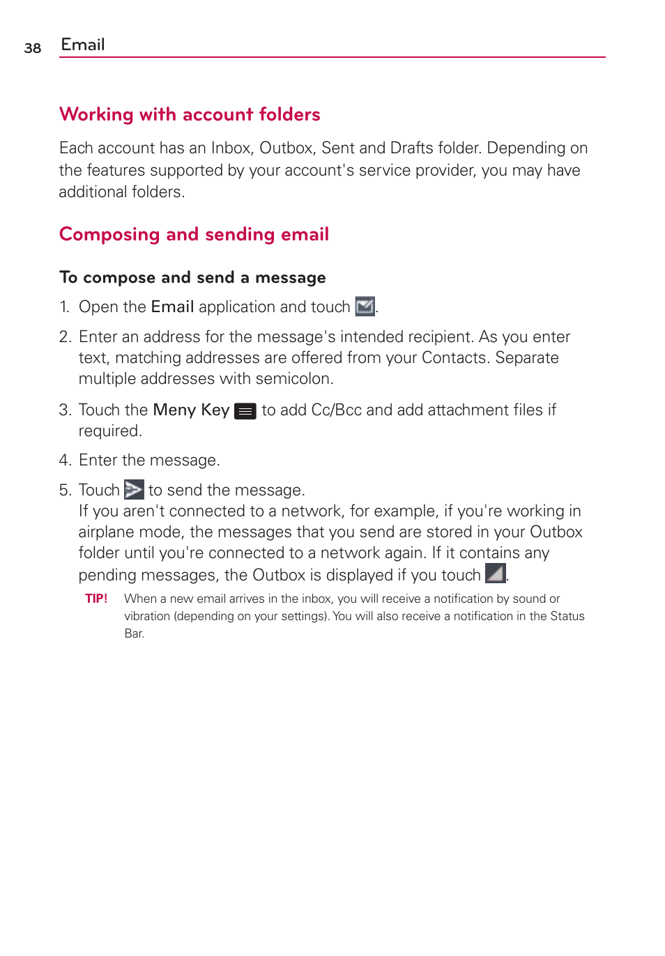 Working with account folders, Composing and sending email | LG LS860 User Manual | Page 38 / 105