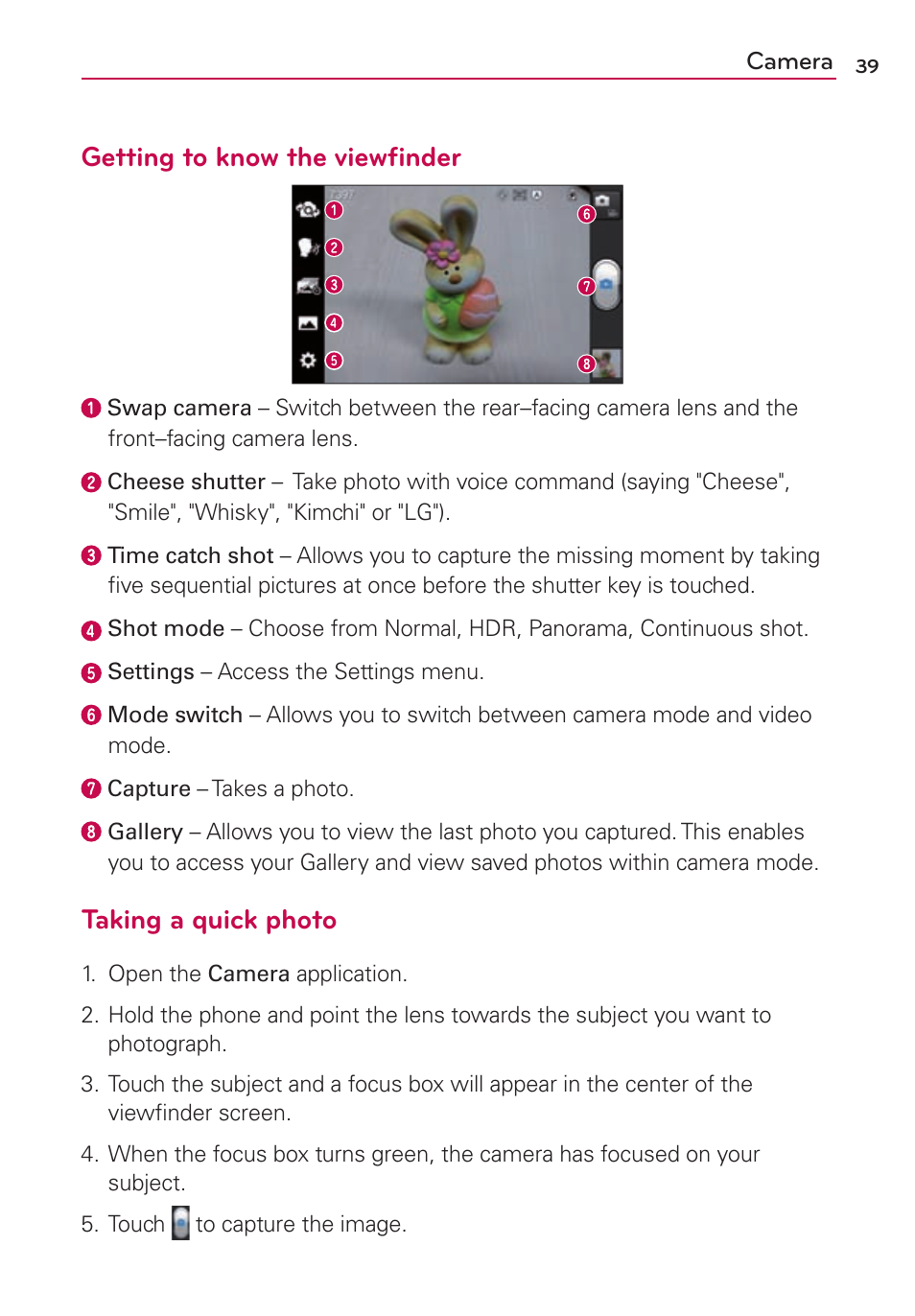 Camera, Getting to know the viewfinder, Taking a quick photo | LG LS860 User Manual | Page 39 / 105