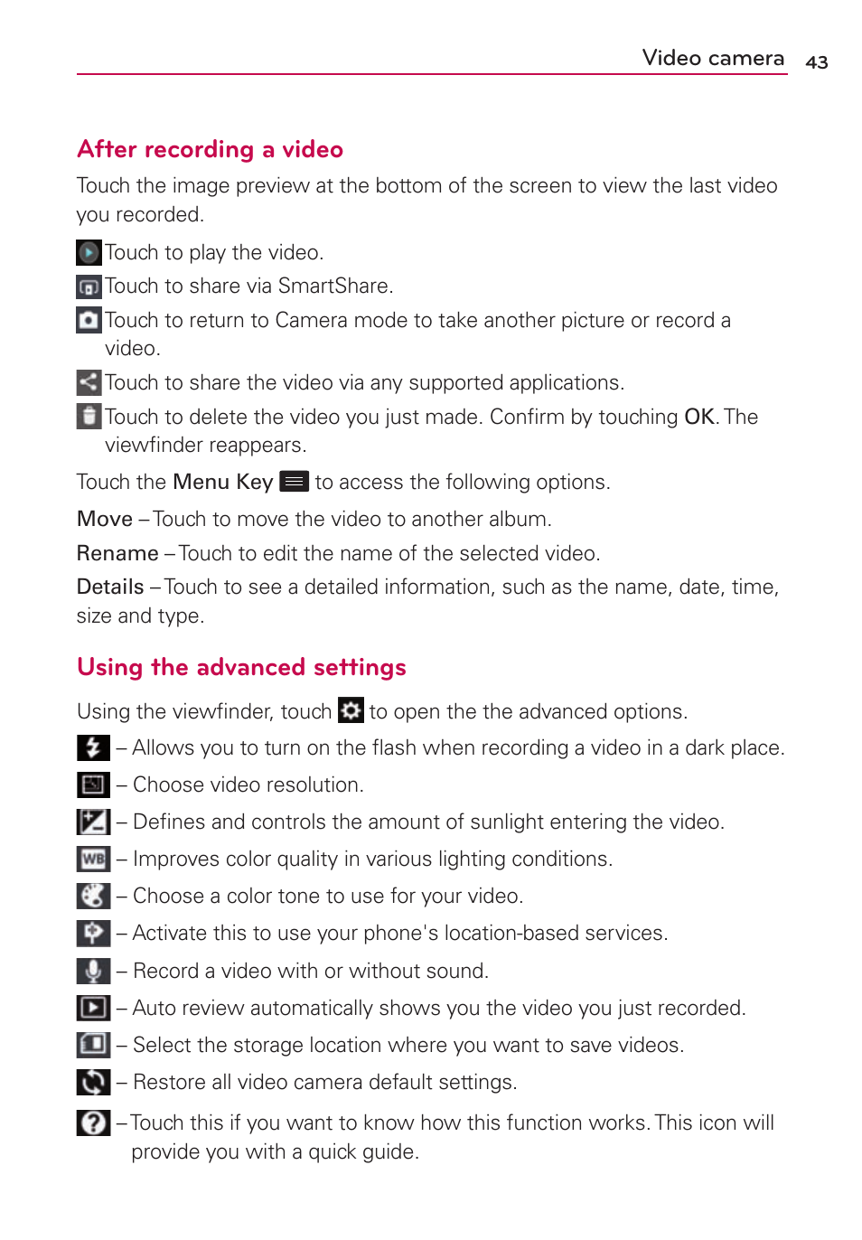 After recording a video, Using the advanced settings | LG LS860 User Manual | Page 43 / 105