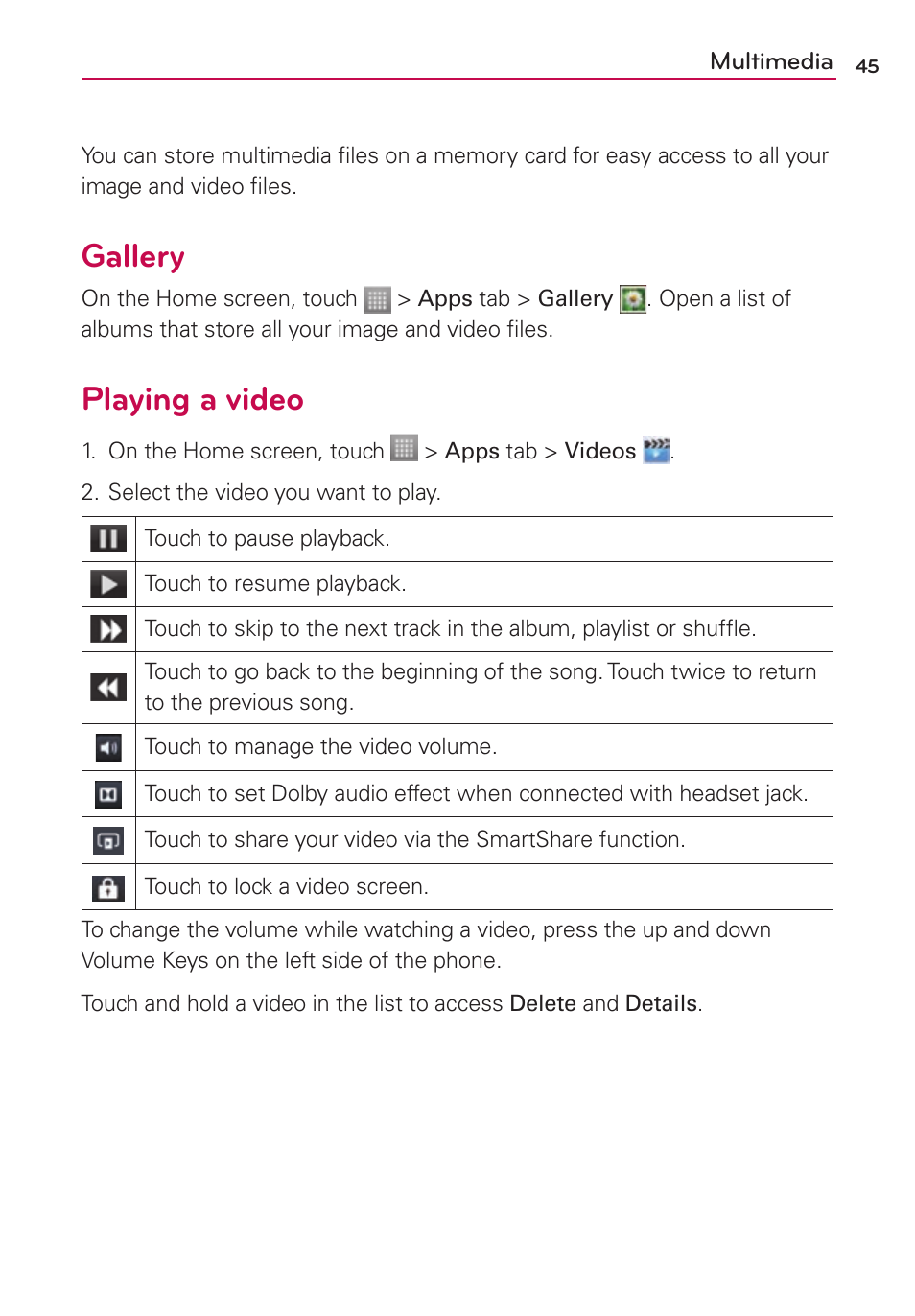 Multimedia, Gallery, Playing a video | LG LS860 User Manual | Page 45 / 105