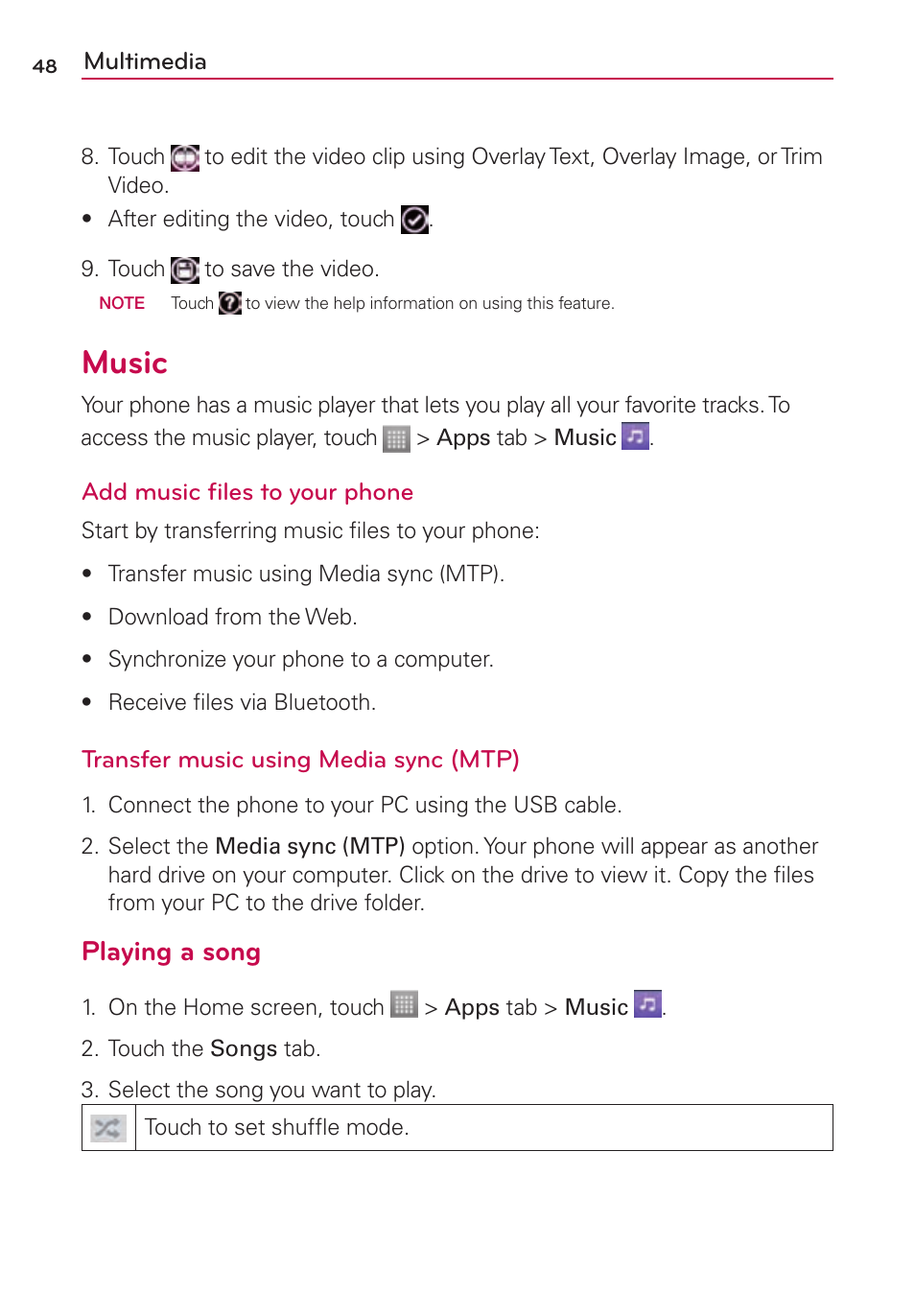 Music, Playing a song | LG LS860 User Manual | Page 48 / 105