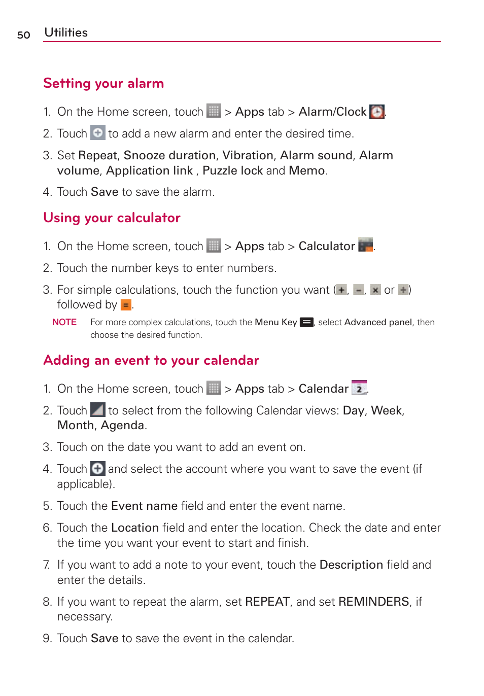 Utilities, Setting your alarm, Using your calculator | Adding an event to your calendar | LG LS860 User Manual | Page 50 / 105