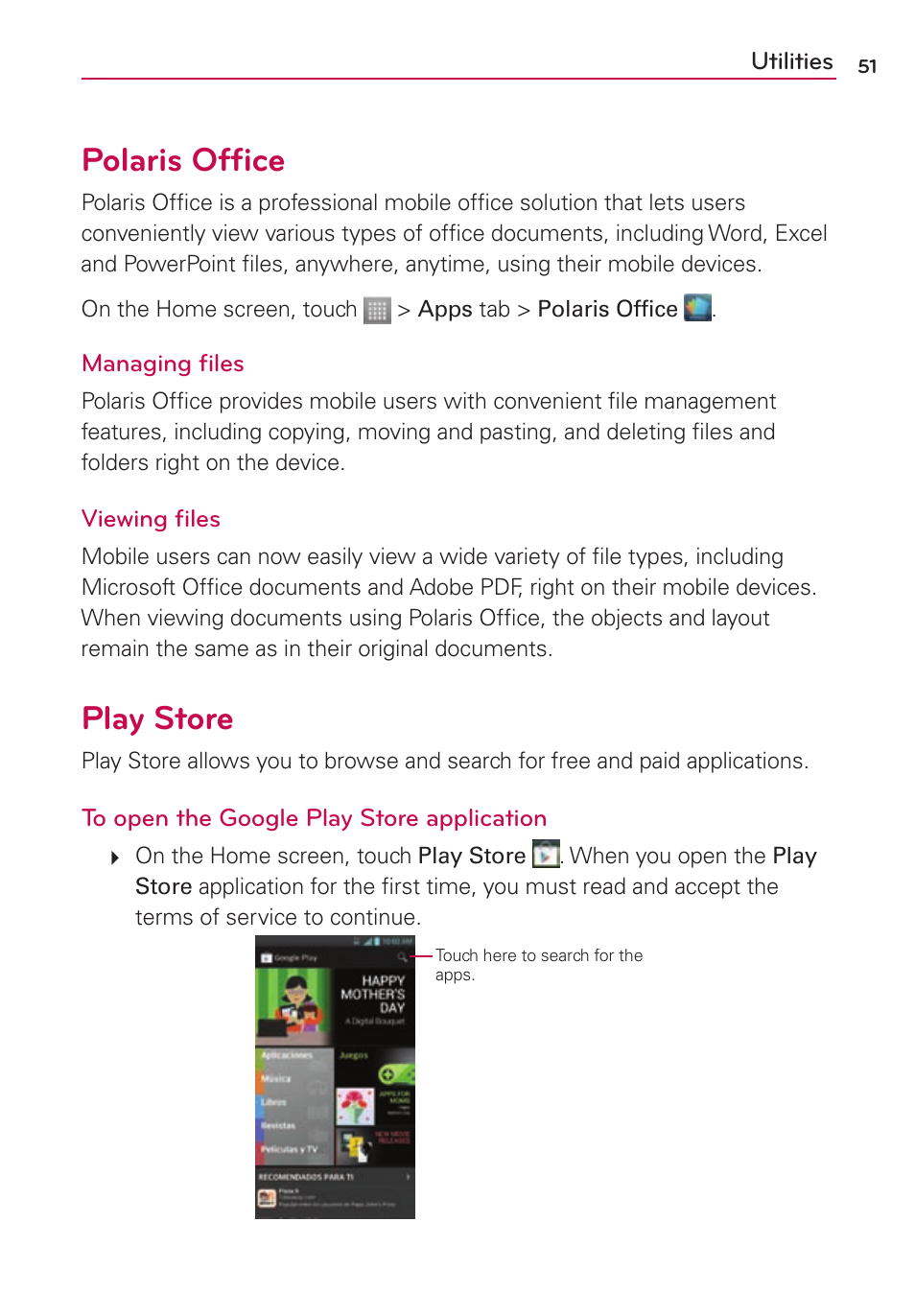 Polaris office, Play store | LG LS860 User Manual | Page 51 / 105