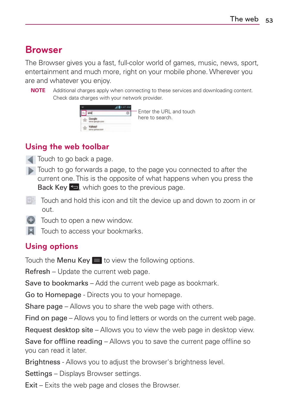 The web, Browser, Using the web toolbar | Using options | LG LS860 User Manual | Page 53 / 105