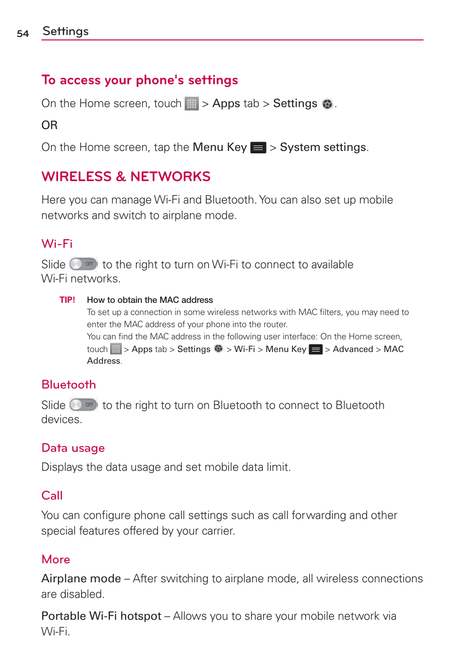 Settings, Wireless & networks | LG LS860 User Manual | Page 54 / 105