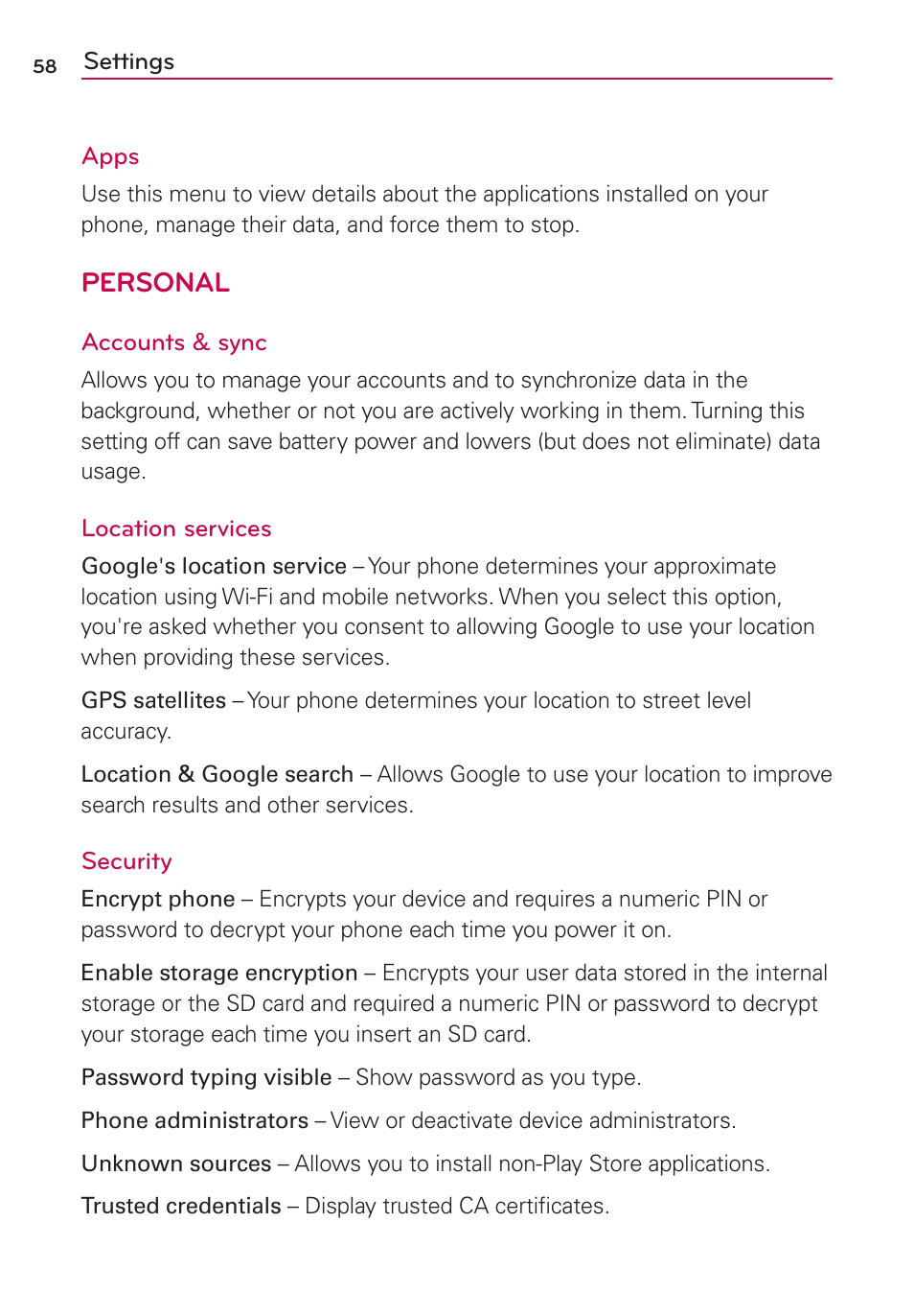 Personal | LG LS860 User Manual | Page 58 / 105