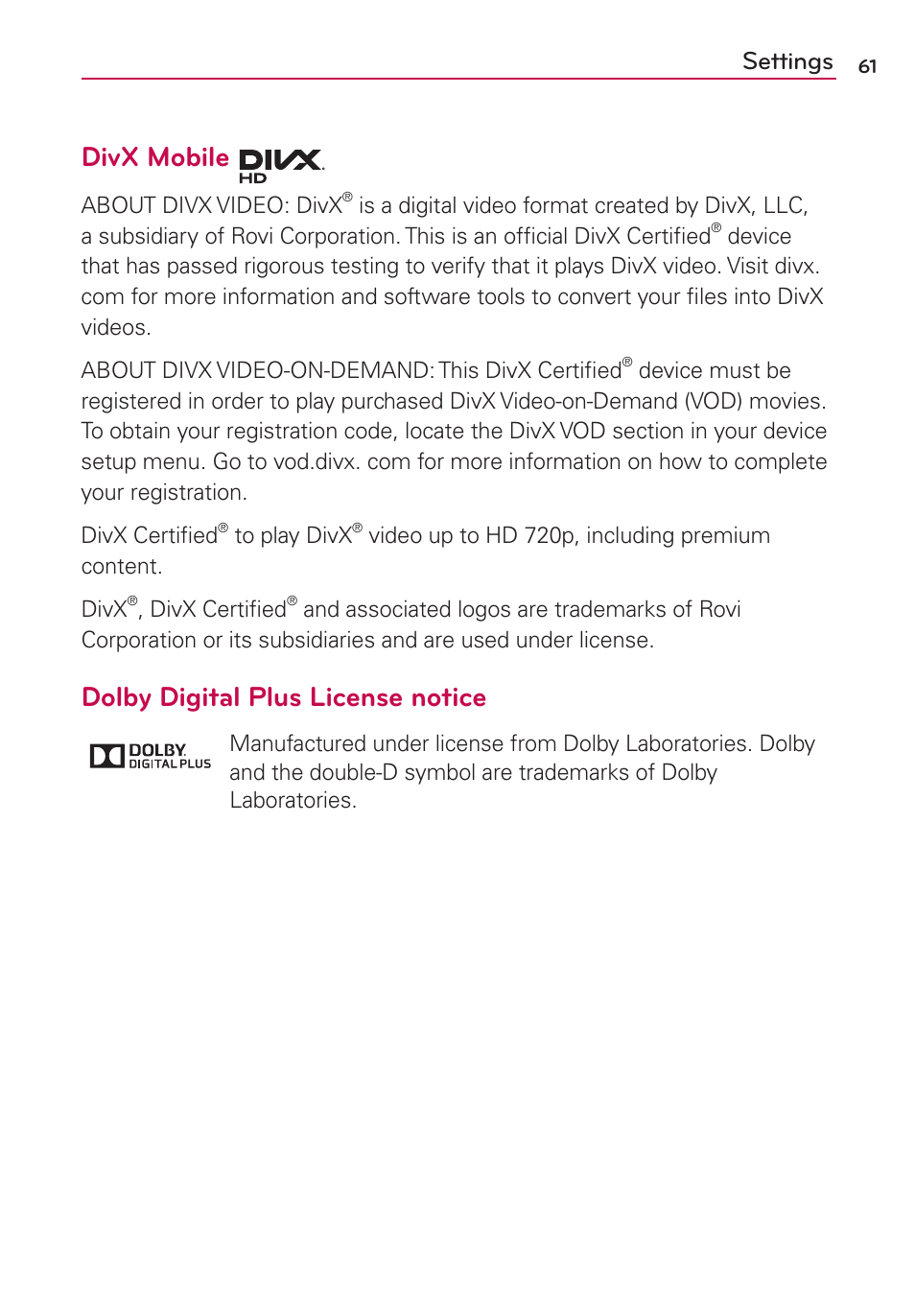 Divx mobile, Dolby digital plus license notice, Settings | LG LS860 User Manual | Page 61 / 105