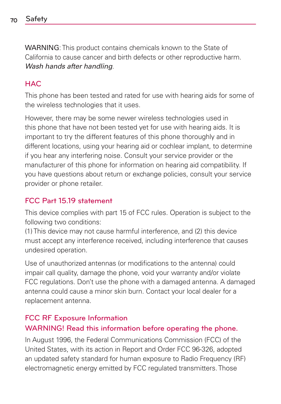 Safety | LG LS860 User Manual | Page 70 / 105