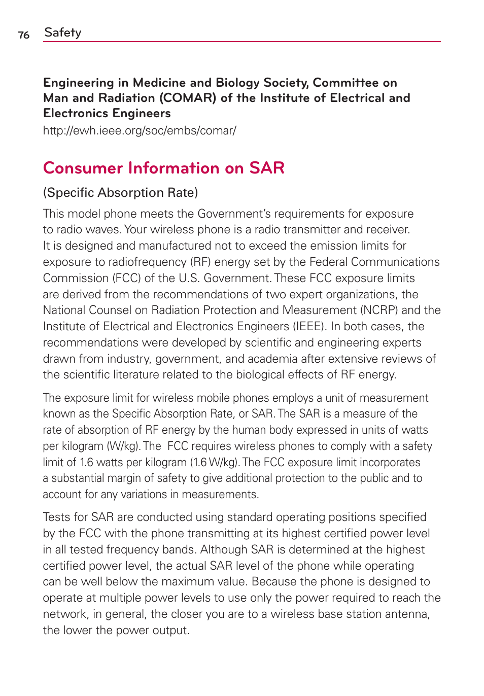 Consumer information on sar | LG LS860 User Manual | Page 76 / 105