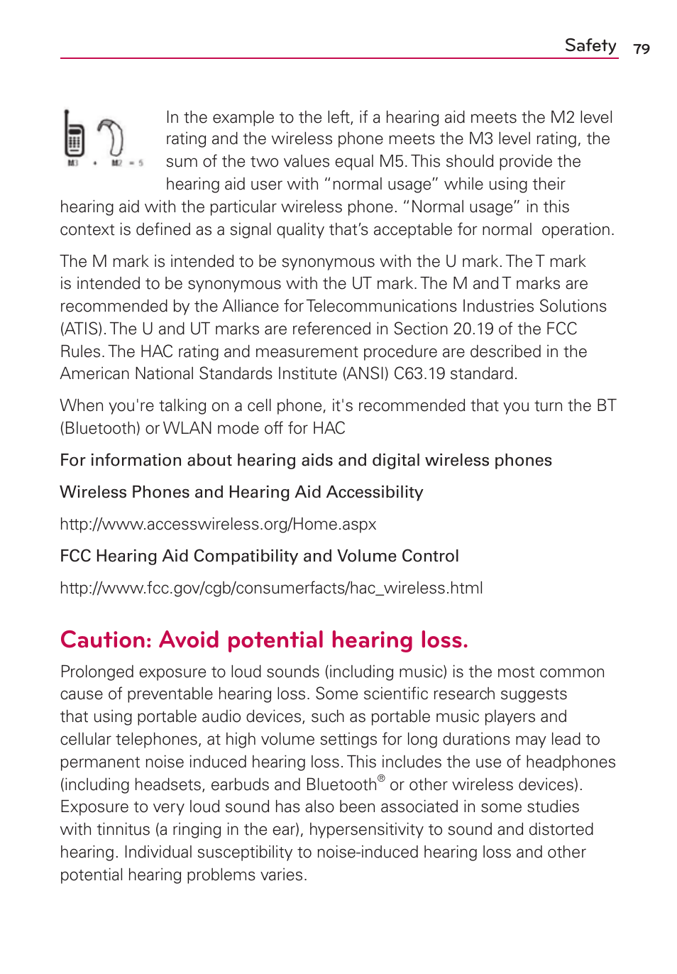 Caution: avoid potential hearing loss | LG LS860 User Manual | Page 79 / 105