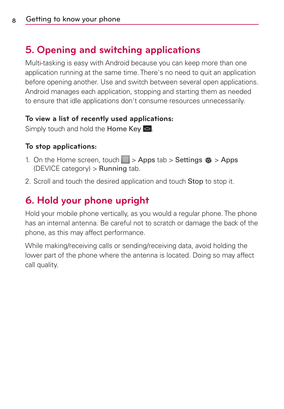 Opening and switching applications, Hold your phone upright | LG LS860 User Manual | Page 8 / 105