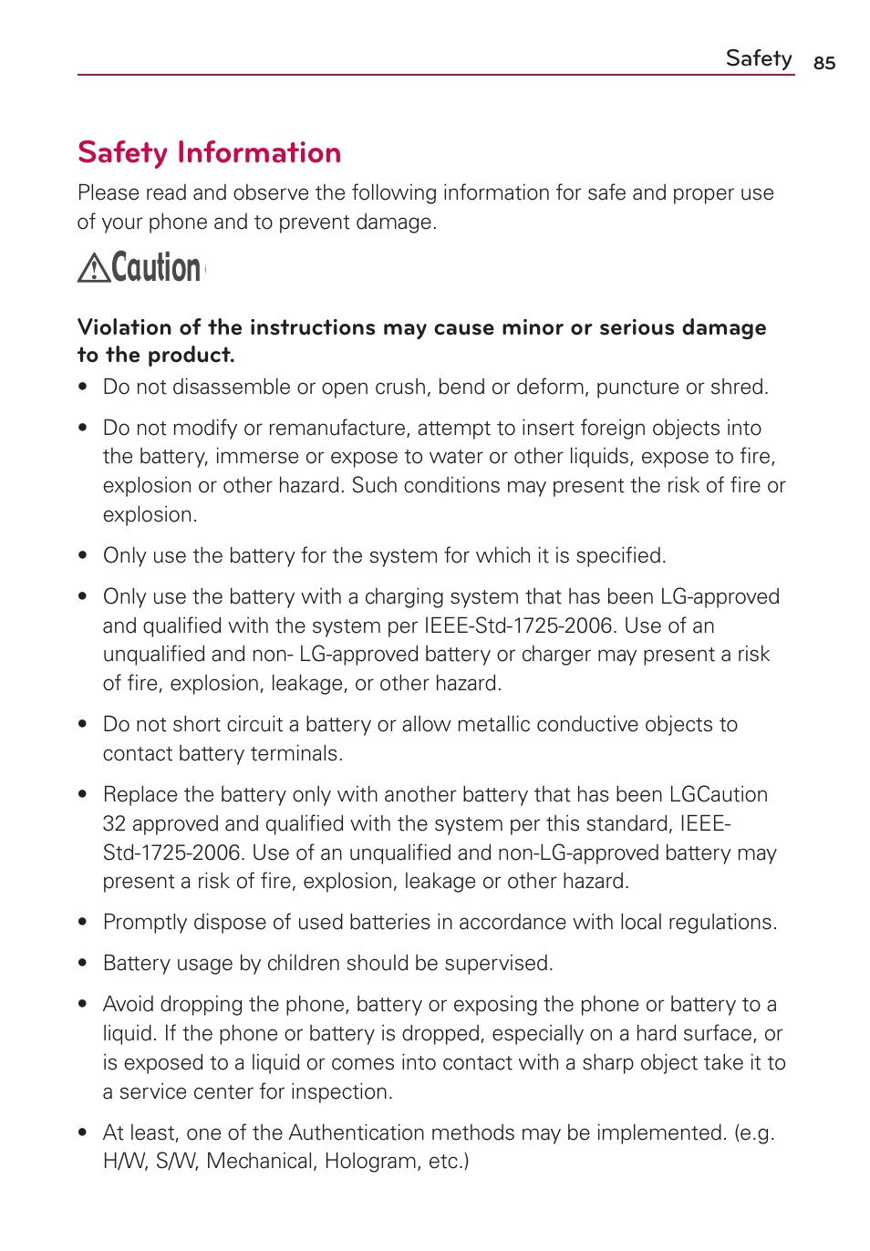 Caution, Safety information | LG LS860 User Manual | Page 85 / 105