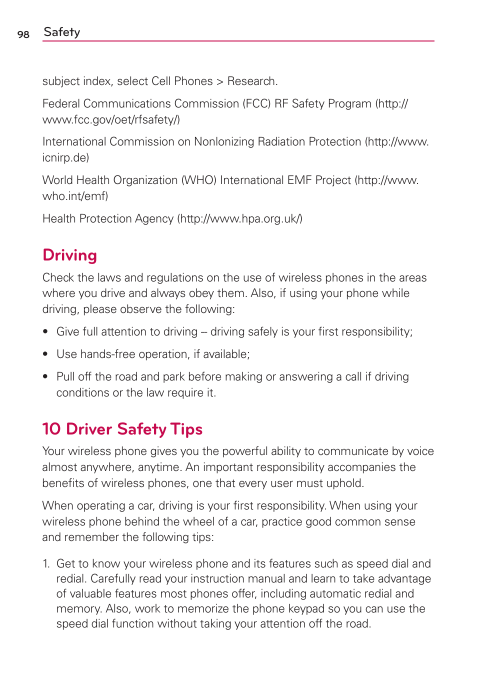 Driving, 10 driver safety tips | LG LS860 User Manual | Page 98 / 105