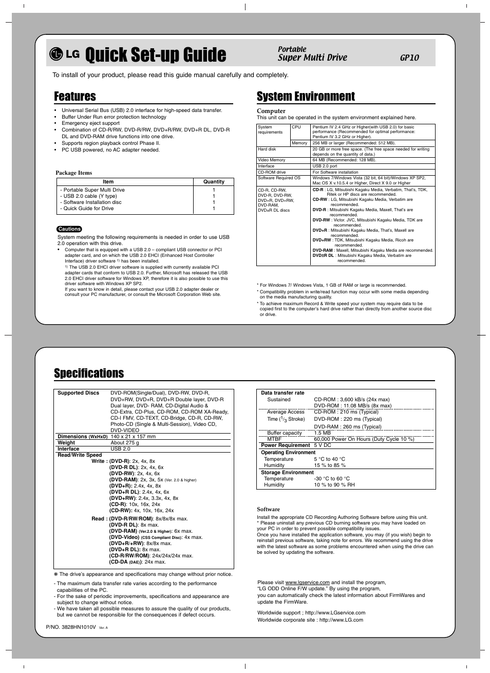 Quick set-up guide, Features, System environment | Specifications, Super multi drive | LG GP10NB20 User Manual | Page 3 / 4