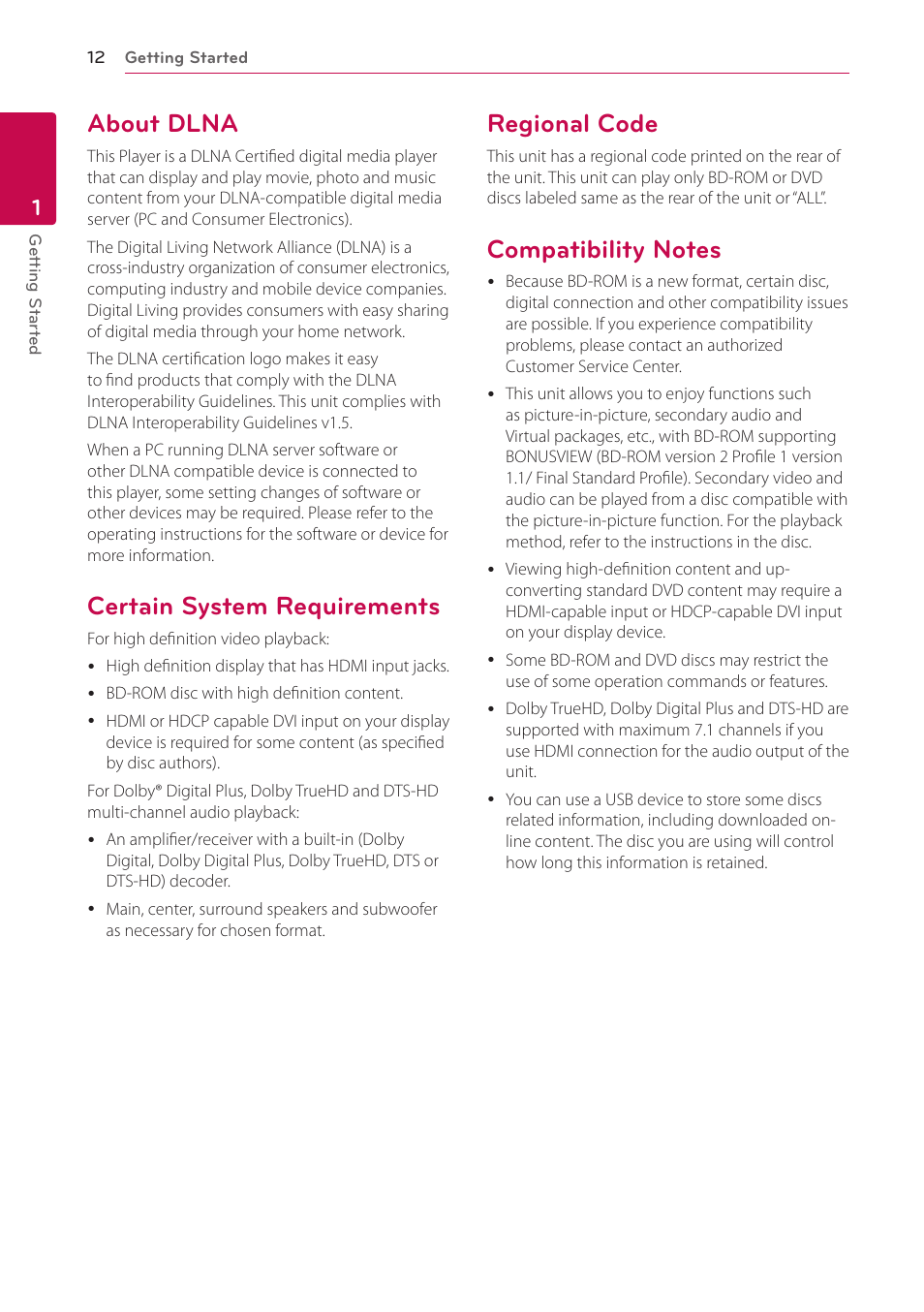 About dlna, Certain system requirements, Regional code | Compatibility notes | LG BD645 User Manual | Page 12 / 56