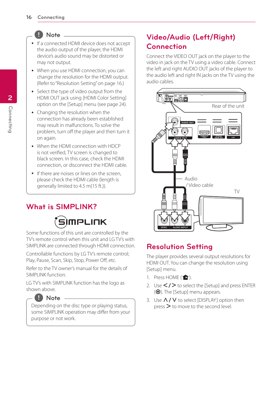 What is simplink, Video/audio (left/right) connection, Resolution setting | LG BD645 User Manual | Page 16 / 56