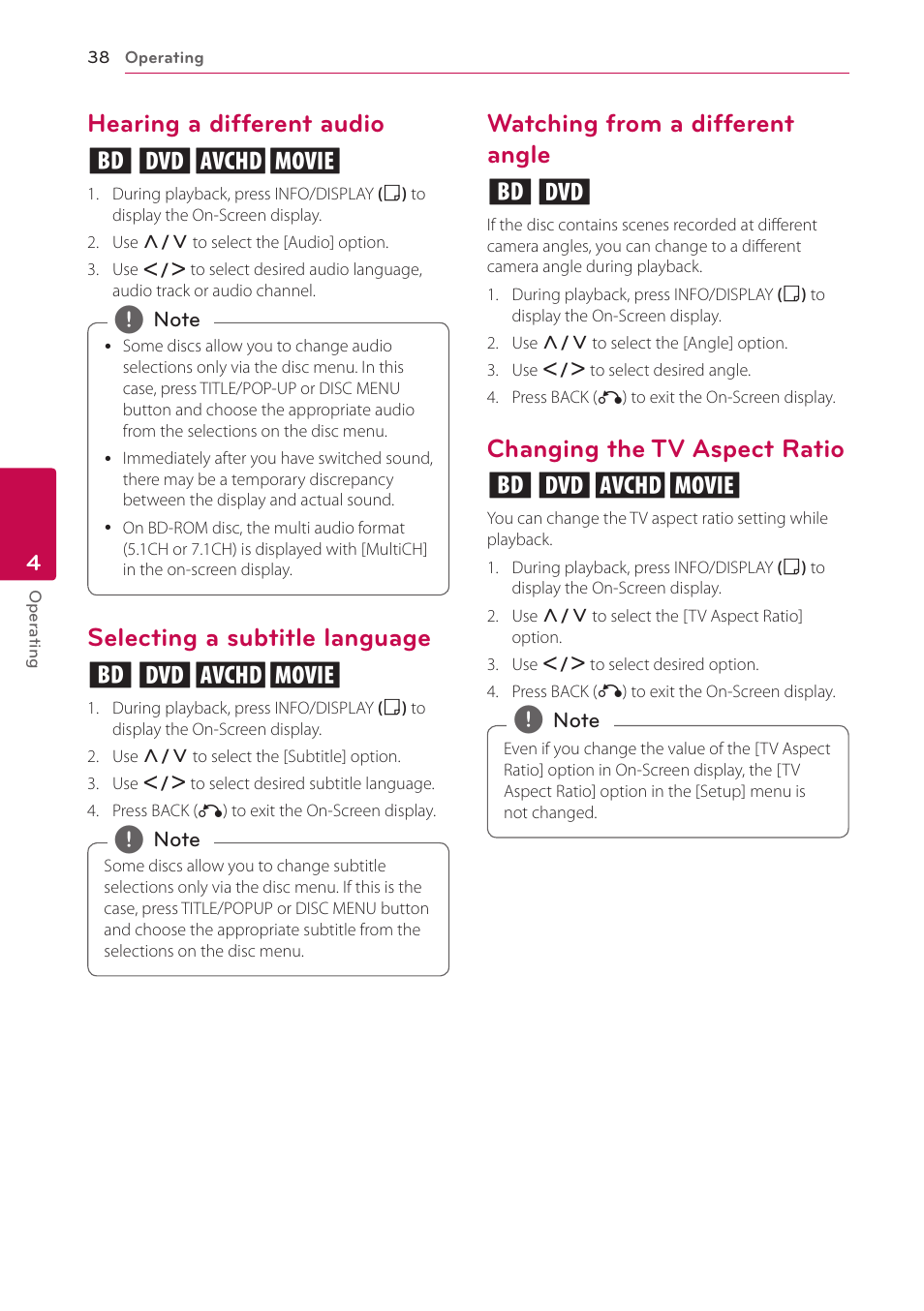 Hearing a different audio, Selecting a subtitle language, Watching from a different angle | Changing the tv aspect ratio, Hearing a different audio eroy, Selecting a subtitle language eroy, Watching from a different angle er, Changing the tv aspect ratio eroy | LG BD645 User Manual | Page 38 / 56